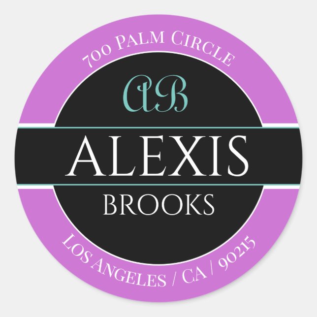 DIY Name Address Monogram, Lavender Black & White Classic Round Sticker (Front)