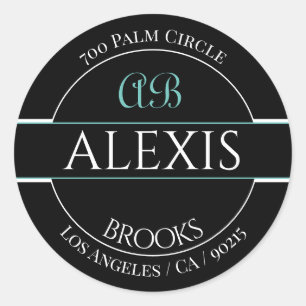 DIY Name Address Monogram, Trendy Blk & White Teal Classic Round Sticker