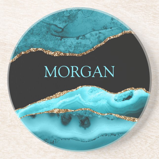 DIY Name, Black, Gold & Teal Agate Coaster (Front)