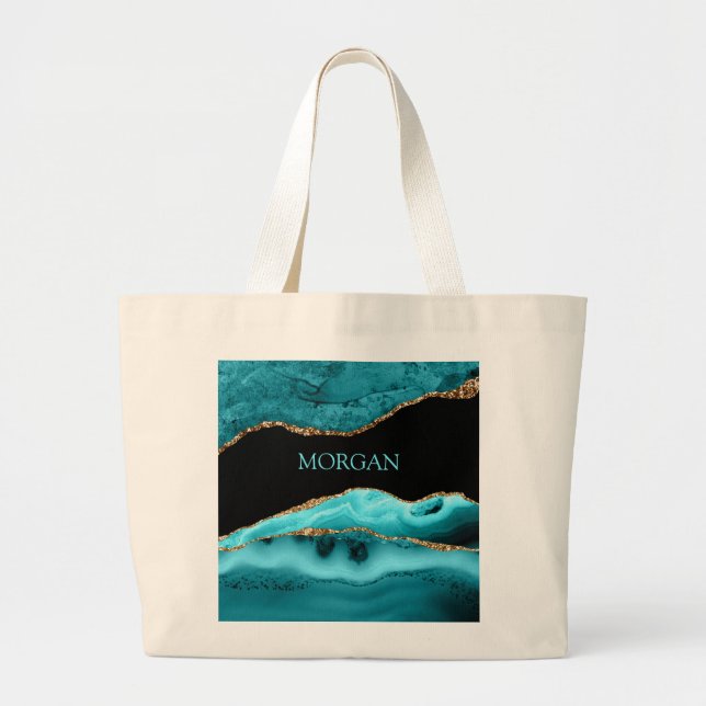 DIY Name, Black, Gold & Teal Agate Large Tote Bag (Front)