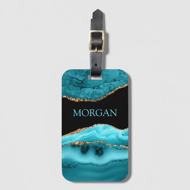DIY Name, Black, Gold & Teal Agate Luggage Tag (Front Vertical)