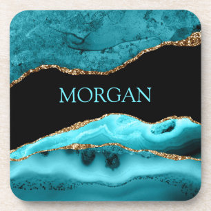 DIY Name, Black, Gold & Teal Agate Square Coaster