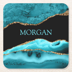 DIY Name, Black, Gold & Teal Agate Square Paper Coaster