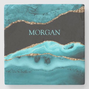 DIY Name, Black, Gold & Teal Agate Stone Coaster