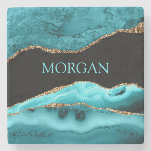 DIY Name, Black, Gold & Teal Agate Stone Coaster