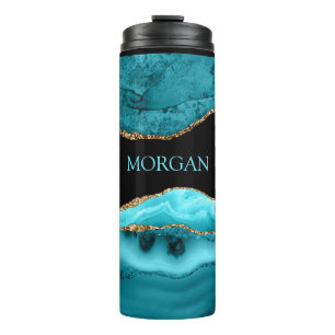 DIY Name, Black, Gold & Teal Agate Thermal Tumbler