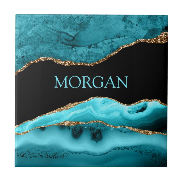 DIY Name, Black, Gold & Teal Agate Tile (Front)