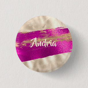 DIY Name Brush Text Fuchsia Platinum Faux Metallic 3 Cm Round Badge
