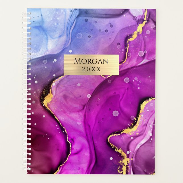 DIY Name/Date Fuchsia Gold Ink Abstract GoldPlaque Planner (Front)