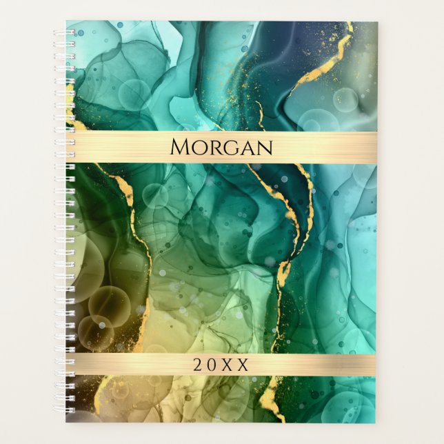DIY Name/Date Teal/Gold Ink Abstract, Gold Stripes Planner (Front)