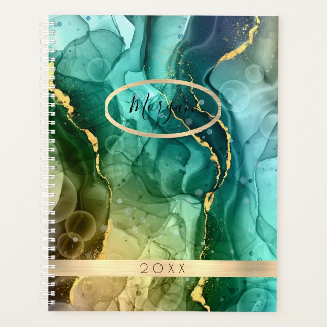 DIY Name & Date, Teal & Gold Ink Abstract Planner (Front)