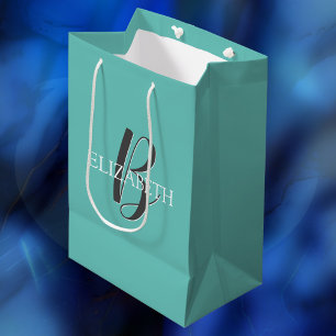 DIY Name & Monogram, B/W Text, Light Teal Medium Gift Bag