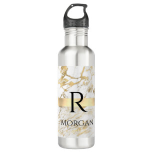 DIY Name & Monogram Blk Text, White & Gold Marble 710 Ml Water Bottle
