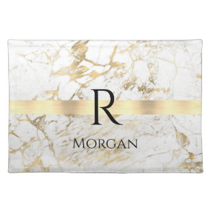  DIY Name & Monogram Blk Text, White & Gold Marble Placemat