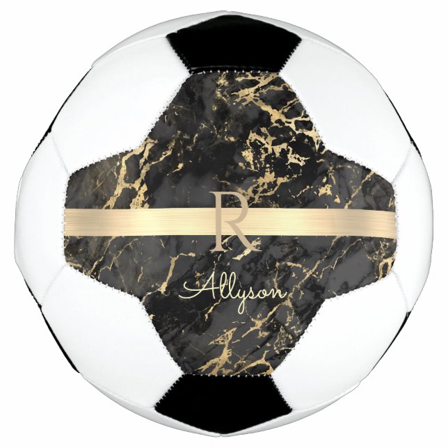 DIY Name & Monogram, Gold Bar, Black & Gold Marble Football (Front)