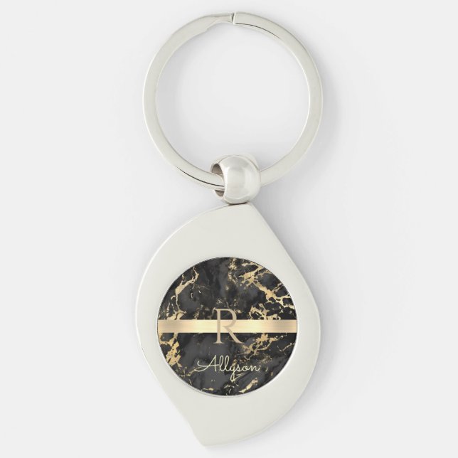 DIY Name & Monogram, Gold Bar, Black & Gold Marble Key Ring (Front)