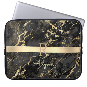DIY Name & Monogram, Gold Bar, Black & Gold Marble Laptop Sleeve