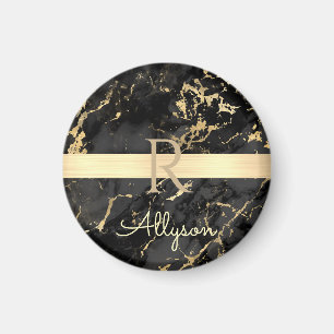 DIY Name & Monogram, Gold Bar, Black & Gold Marble Magnet