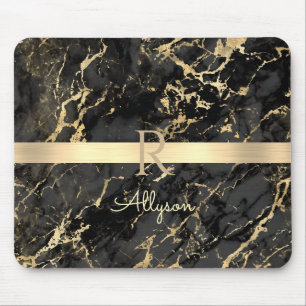 DIY Name & Monogram, Gold Bar, Black & Gold Marble Mouse Mat