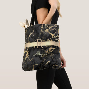 DIY Name & Monogram, Gold Bar, Black & Gold Marble Tote Bag