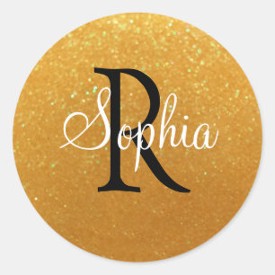 DIY Name & Monogram, Gold Glitter Classic Round Sticker