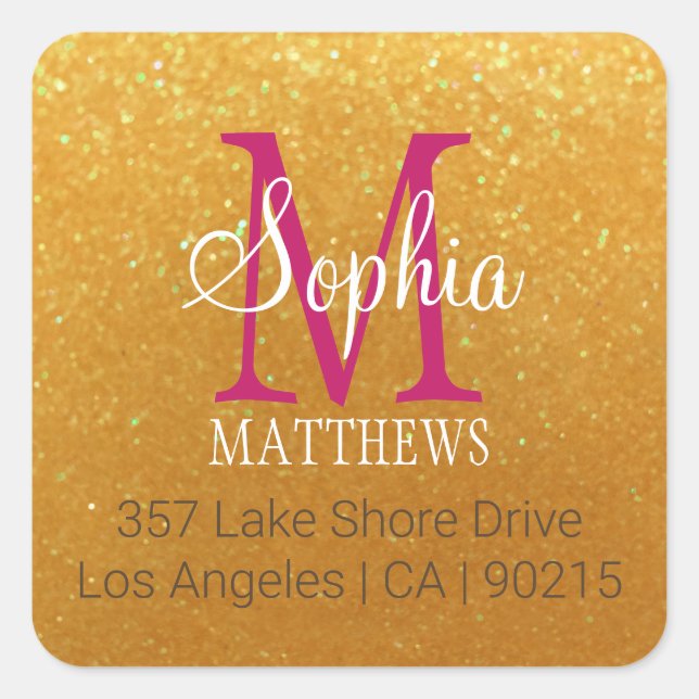 DIY Name & Monogram, Gold Glitter, Maroon, White Square Sticker (Front)