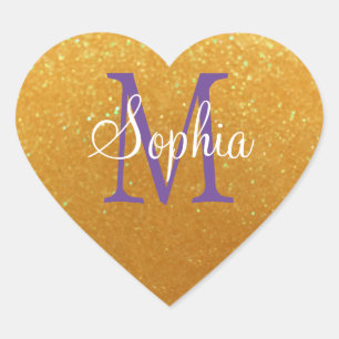 DIY Name & Monogram, Gold Glitter, White, Purple Heart Sticker