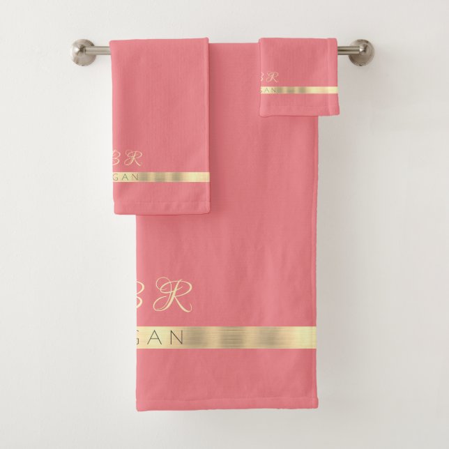 DIY Name & Monogram, Gold Stripes, Pink Salmon Bath Towel Set (Insitu)