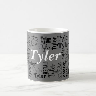 DIY Name Repeated Many Times Black & White on Grey Coffee Mug