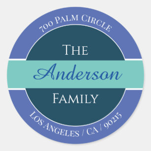 DIY Name Return Address Label, Blue, Teal, White Classic Round Sticker