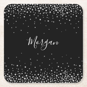DIY Name White Script & White Diamonds, Black Vs 2 Square Paper Coaster