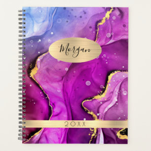 DIY Name & Year, Red Violet & Gold Ink Abstract Planner