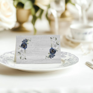 DIY Navy Blue Silver Grey Wood Floral Wedding Place Card