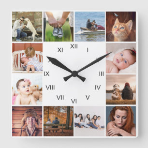 DIY OUR FAMILY   12 photo collage Roman numerals Square Wall Clock