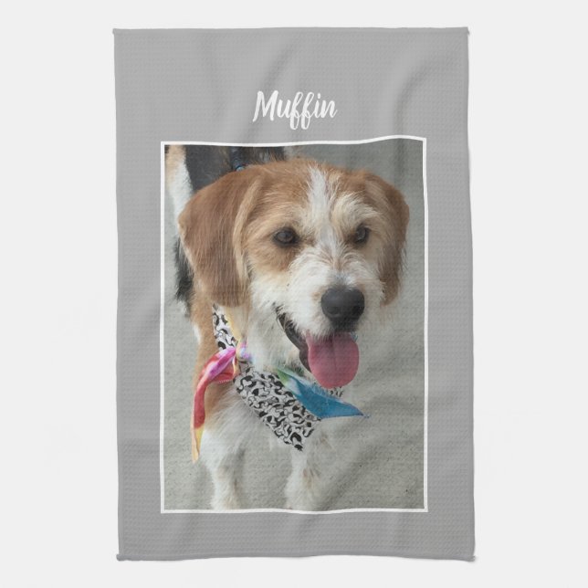 DIY Pet's Photo & Name Or Child, Lt. Grey & White Tea Towel (Vertical)