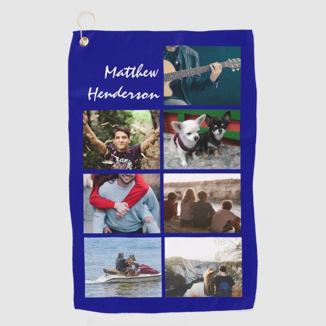 DIY photo collage with name modern trendy blue Golf Towel (Front)