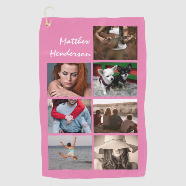 DIY photo collage with name modern trendy pink Golf Towel (Front)