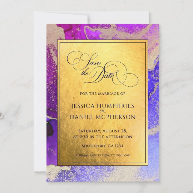 DIY Photo Purple Gold Abstract Wedding Flat  Save The Date (Front)