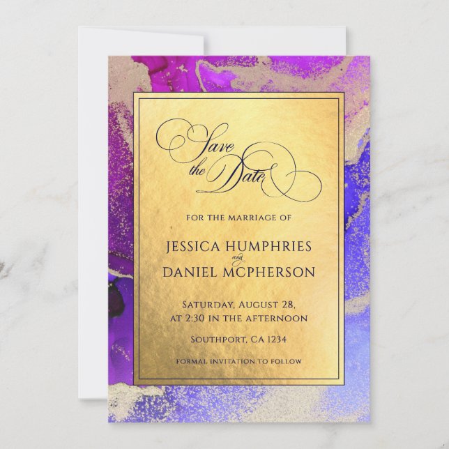 DIY Photo Purple Pink Gold Foil Wedding Save The Date (Front)
