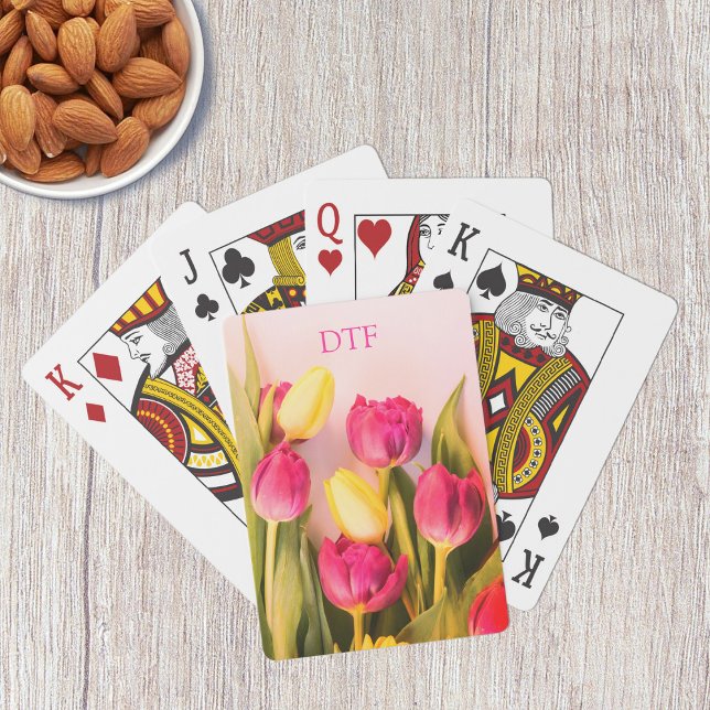 DIY Pink Monogram/Name, Pink & Yellow Tulips Playing Cards (Creator Uploaded)