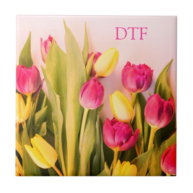 DIY Pink Monogram/Name, Pink & Yellow Tulips Tile (Front)