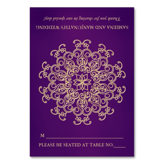 DIY Purple Gold Indian Tent Style Seating Place Table Number (Front)