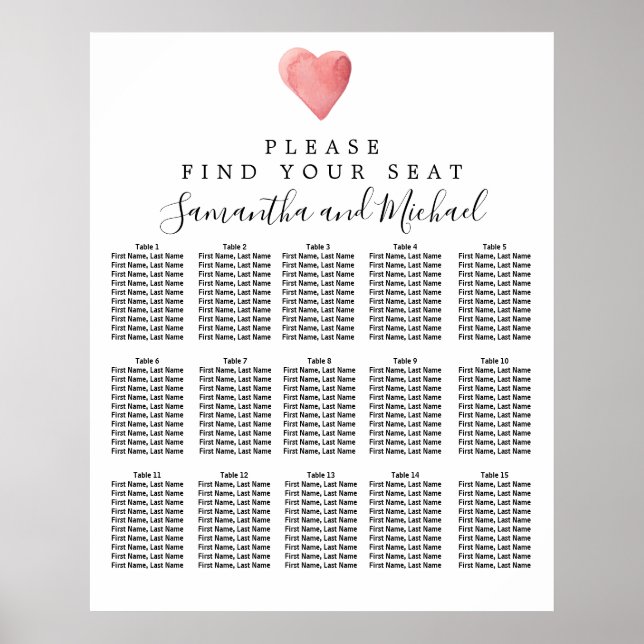 DIY Red Heart 15-Table Wedding Seating Chart (Front)