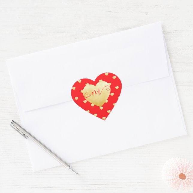 DIY Red Monogrammed Golden Heart Sticker (Envelope)