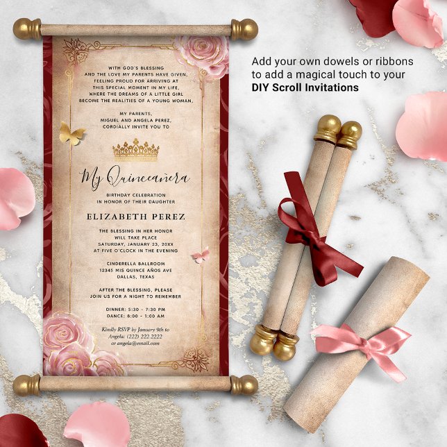 DIY Rose Gold Quinceanera Scroll Invitations (How will you present your DIY scrolls? There are so many creative possibilities!)