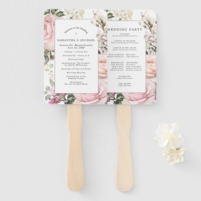 DIY Rustic Pink Floral Wedding Program Hand Fan (Front and Back)