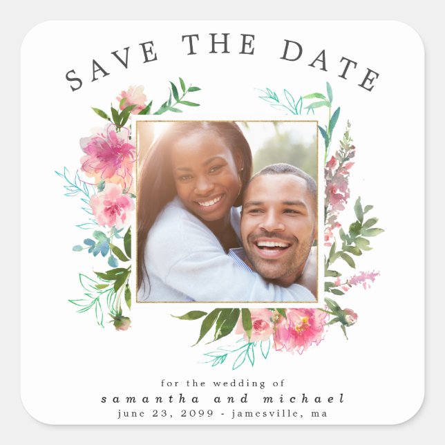 DIY Save the Date Photo Pink Floral Envelope Seal (Front)