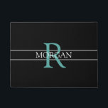 DIY Teal Monogram, White Name, Black, Grey Stripes Doormat<br><div class="desc">Personalise this trendy black doormat with Teal Monogram and White Name. A simple,  yet elegant design with 2 grey stripes.</div>