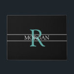 DIY Teal Monogram, White Name, Black, Grey Stripes Doormat<br><div class="desc">Personalise this trendy black doormat with Teal Monogram and White Name. A simple,  yet elegant design with 2 grey stripes.</div>