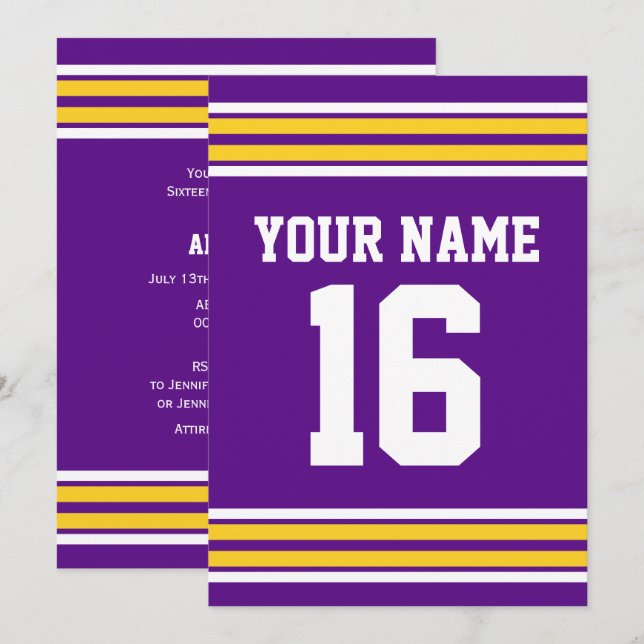 DIY Team Jersey Stripes Gold #2 White Purple Invitation (Front/Back)